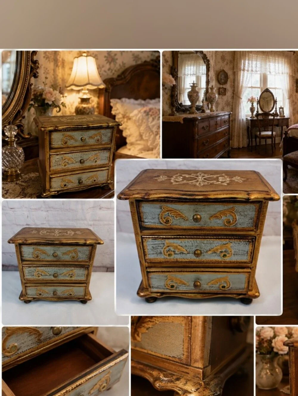 vintage french provincial 3 drawer musical jewelry box shabby chic ornate